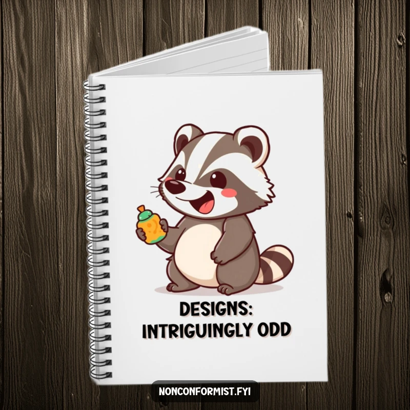 A funny, unique badger character bounces with excitement holding a brightly colored, unusual object on the cover of this notebook.