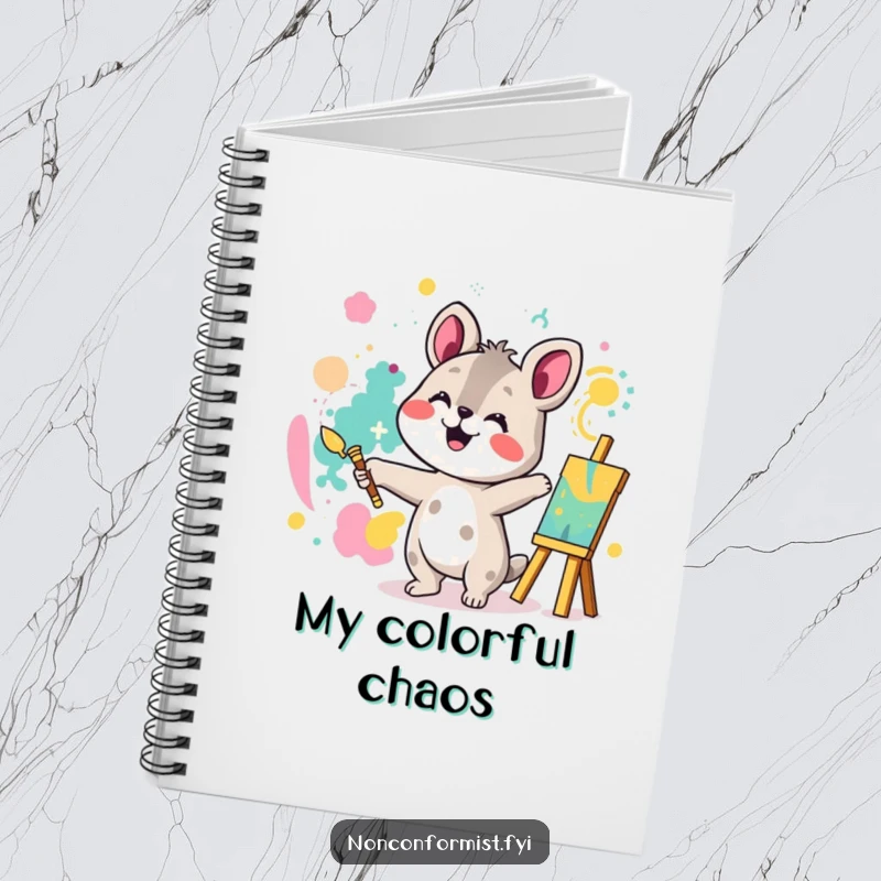 Funny notebook cover with an animal character joyfully painting a bright abstract pattern, ready to hold your creative thoughts.