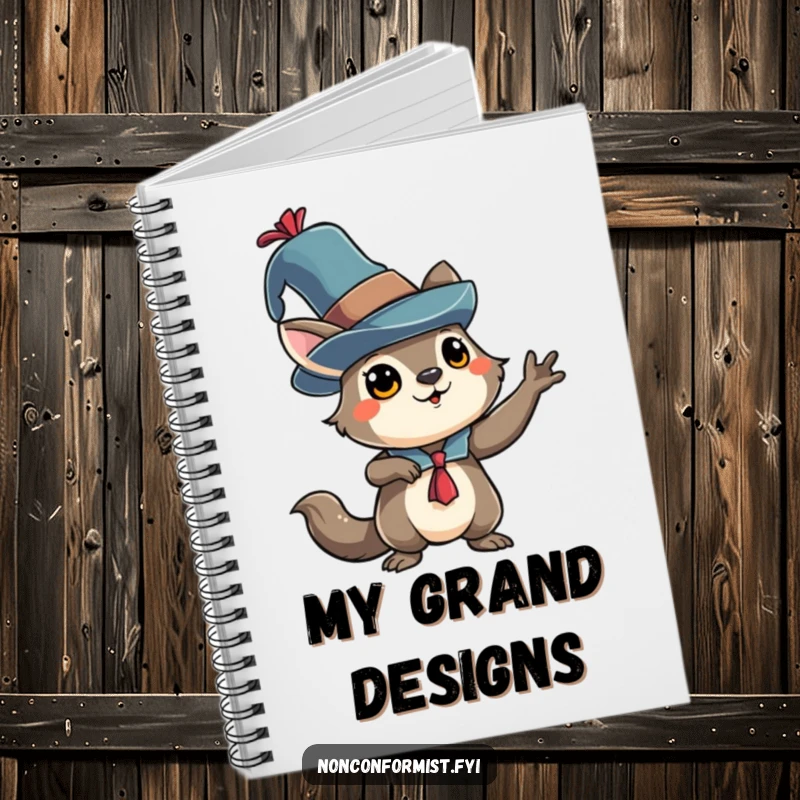 Funny animal character in an eccentric hat, striking a dramatic pose, featured on the cover of a humorous notebook.