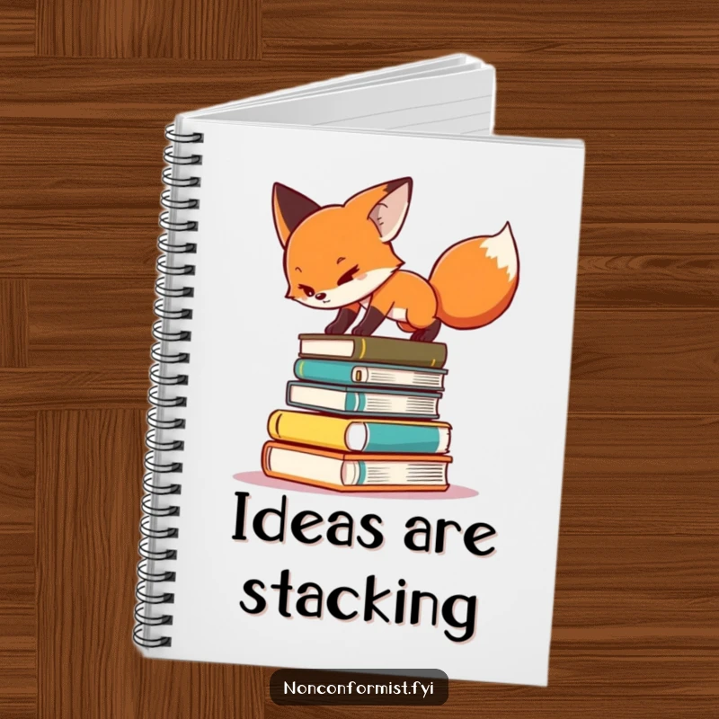 Funny notebook with a determined fox character balancing on a stack of books, perfect for study notes.
