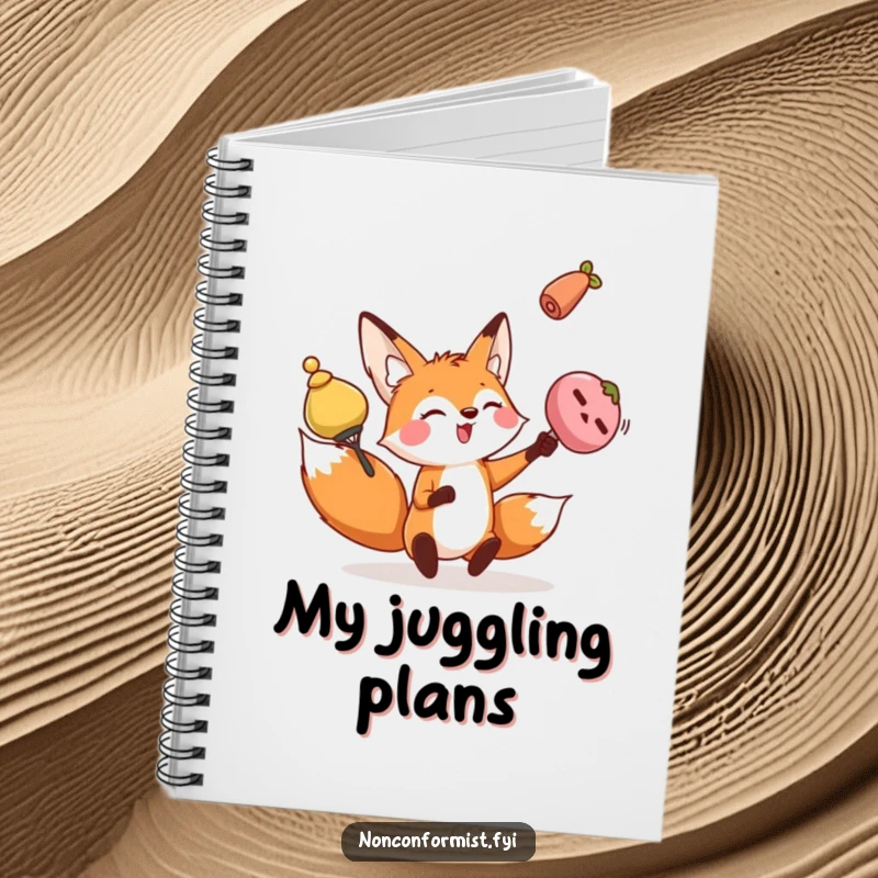 Funny fox notebook featuring a playful character juggling oddly shaped objects, ideal for capturing thoughts on managing life.