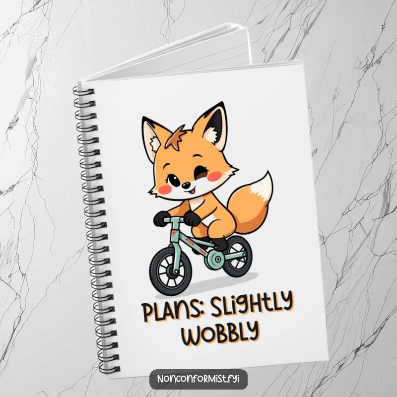 A funny, quirky fox with a playful smirk is riding a tiny, patched-up unicycle on the cover of this notebook.