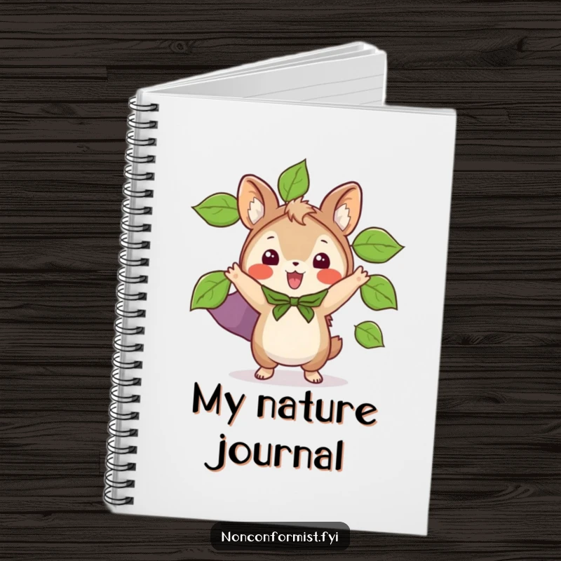 Funny notebook with a small animal character excitedly wearing a cape made of leaves, inspiring wild thoughts and ideas.