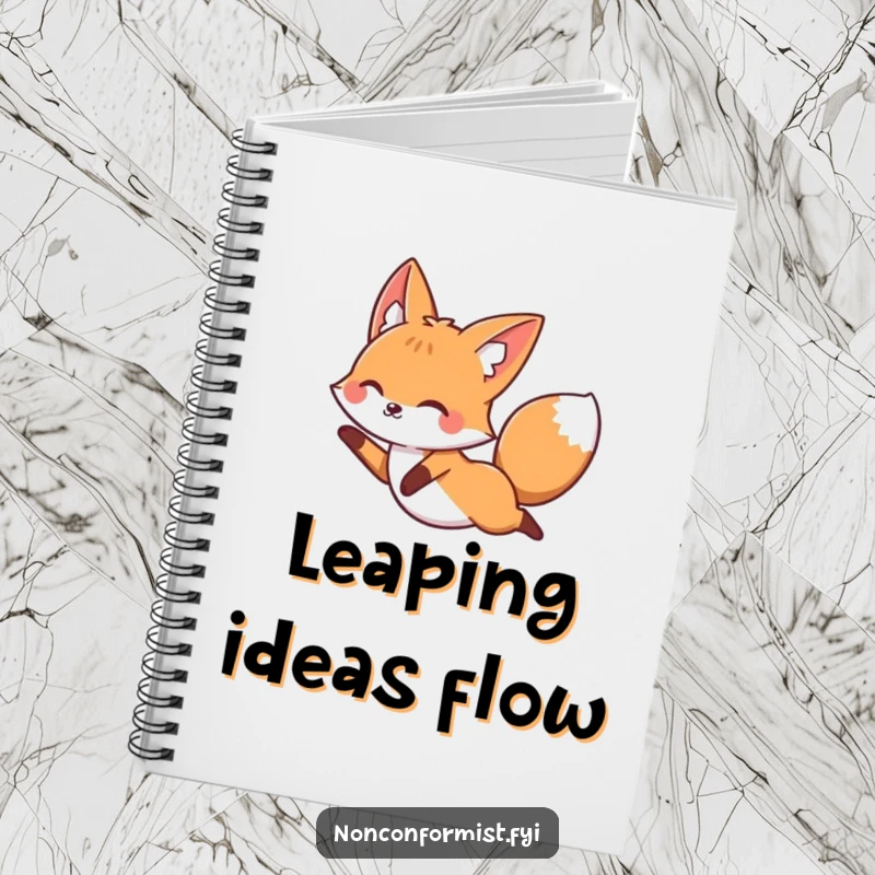 Funny fox leaping over a straight line on a notebook cover, symbolizing freedom and creative thought.
