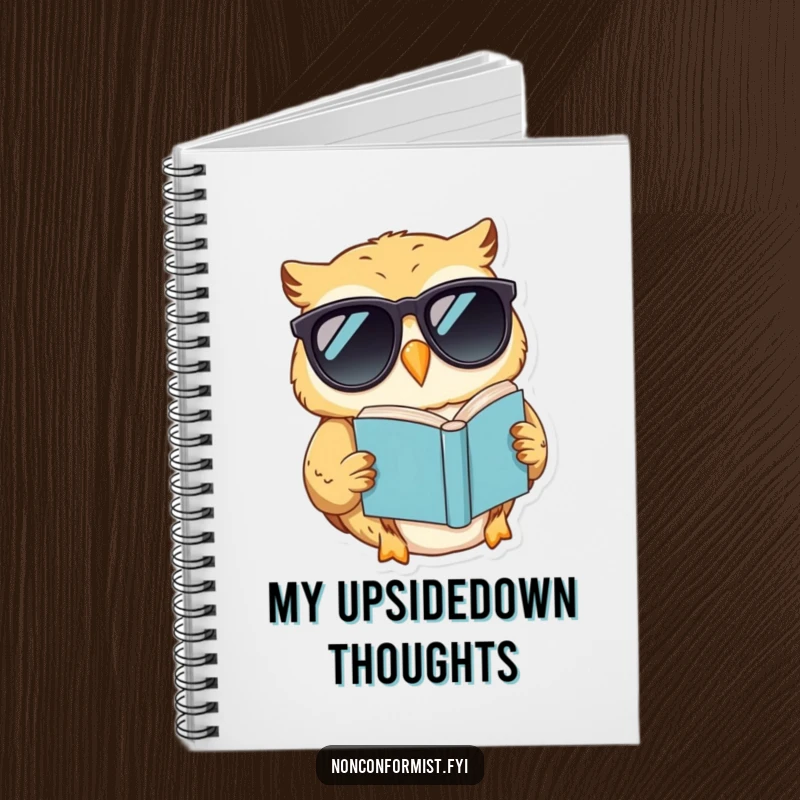 Funny notebook with a cool owl in sunglasses reading an upside-down book, inspiring humorous note-taking.