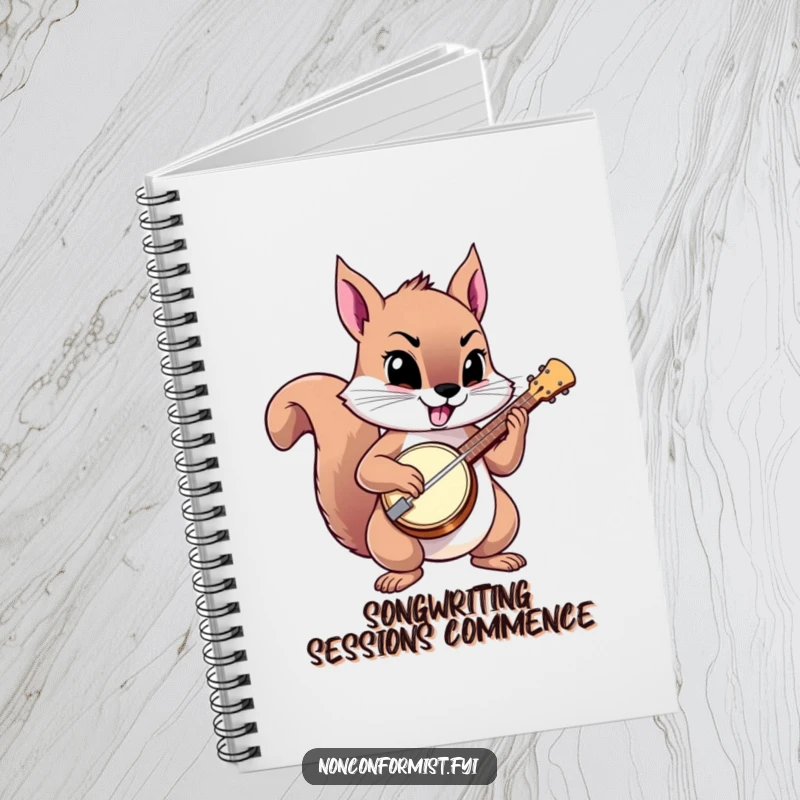 Funny squirrel notebook with a squirrel playing a banjo defiantly, perfect for jotting ideas.