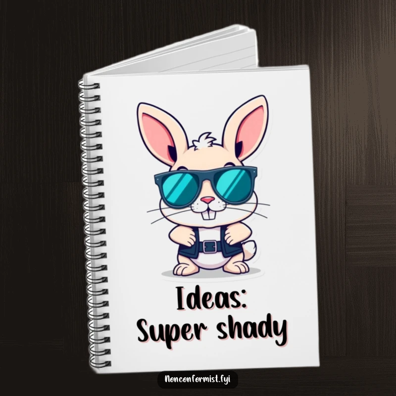 Funny bunny character with a cool grin and oversized sunglasses emblazoned on the cover of a lined notebook.