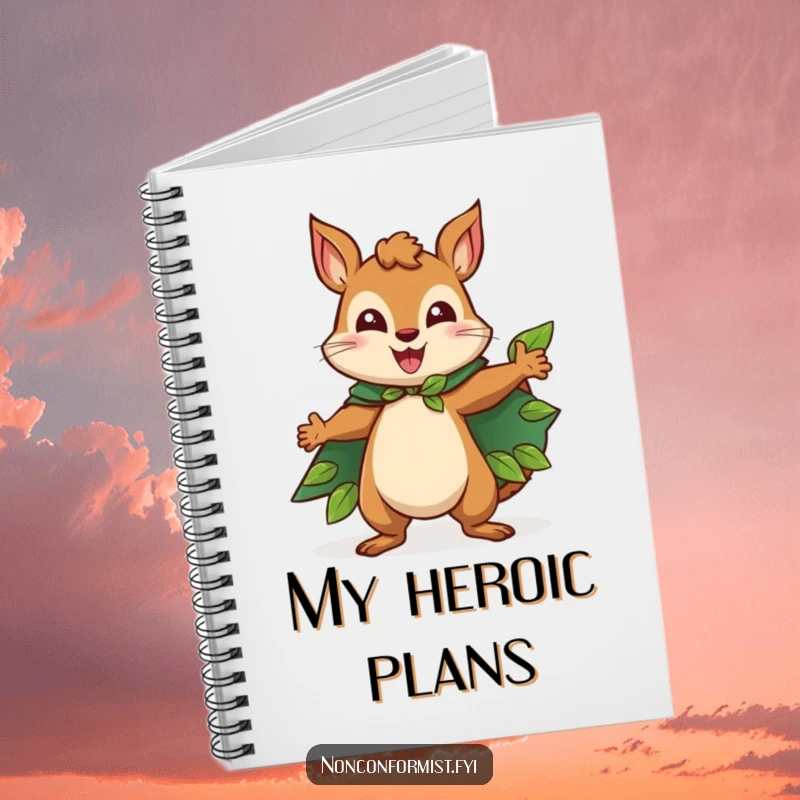 Funny Squirrel Notebook with a happy squirrel character wearing a cape made of leaves, striking a heroic pose, perfect for notes with humorous flair.
