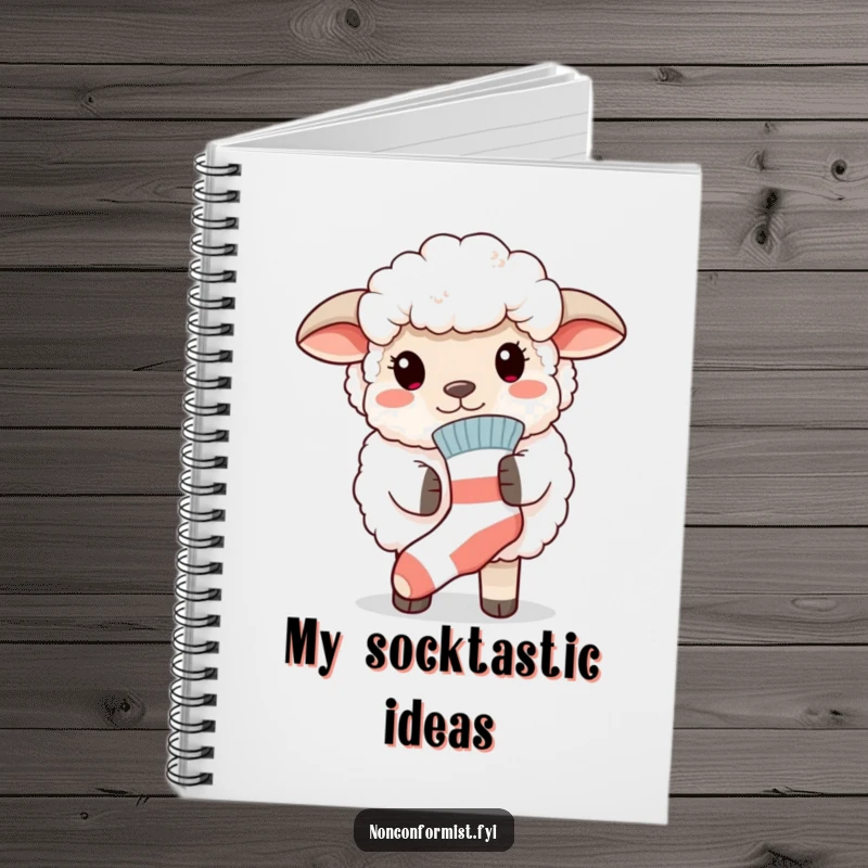 Funny notebook with a fluffy sheep proudly wearing a mismatched sock, encouraging creative expression and unique thought processes.