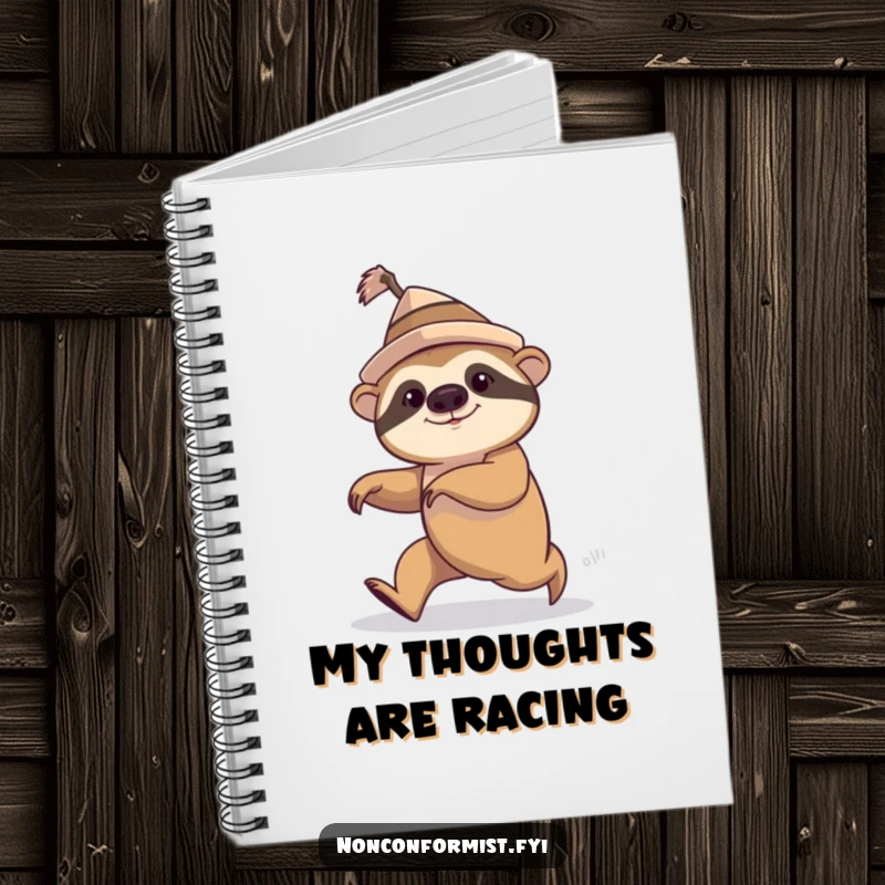 Funny sloth with a lopsided hat, hilariously speed walking, notebook for notes and ideas.