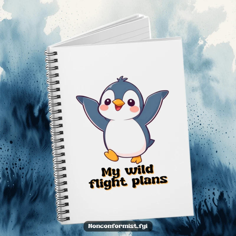 Funny kawaii penguin character with mismatched wings trying to fly, featured on a notebook cover for a humorous writing experience.