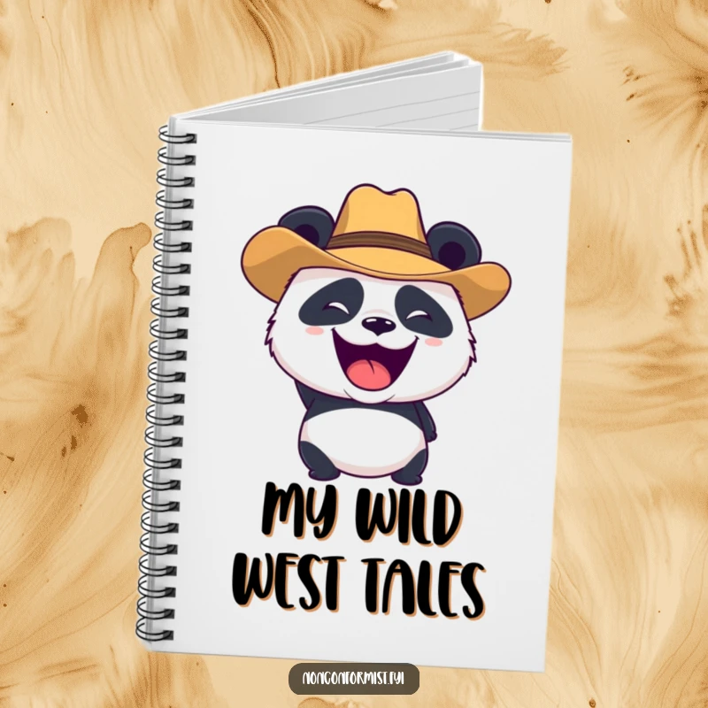 Funny panda character wearing a cowboy hat and roaring playfully, on a notebook cover for humorous note-taking and journaling.