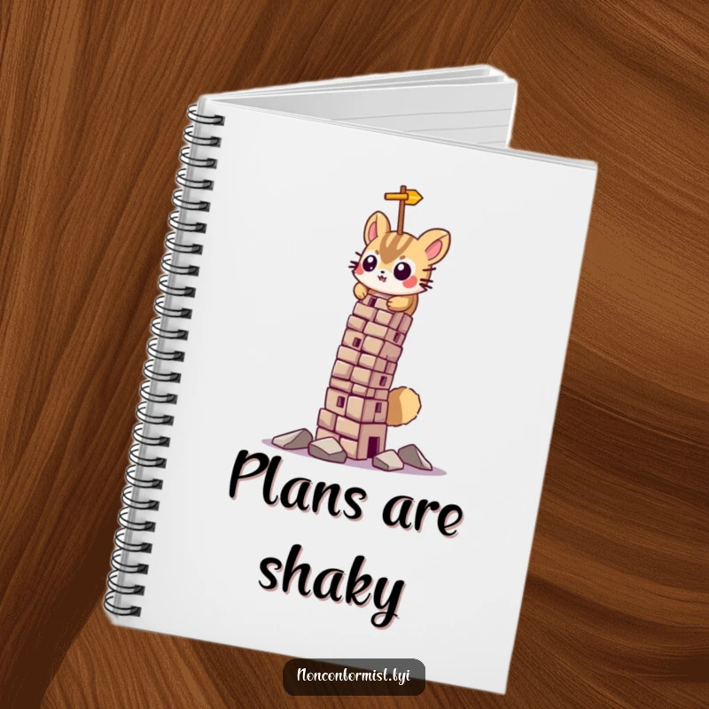 Funny notebook with a small otter character showing intense determination while building a precarious leaning tower.