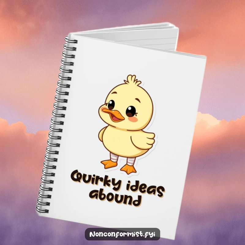 Funny notebook with a cute duck character wearing mismatched socks and a goofy grin, designed for jotting down quirky ideas.
