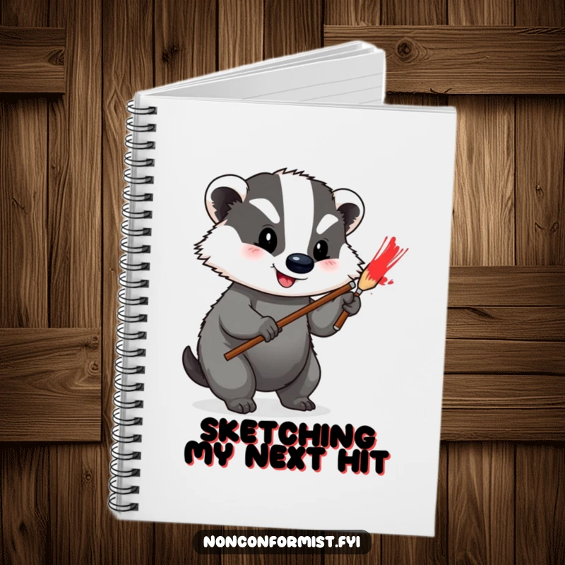 Funny Notebook featuring a happy badger painting a bright red stripe on its grey fur, perfect for sketching ideas.