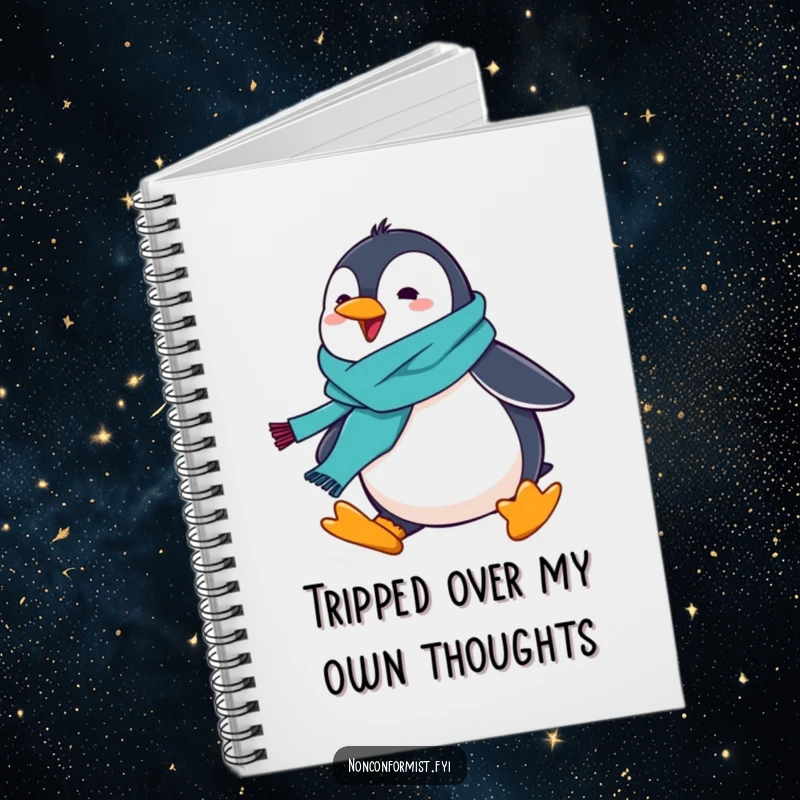 Funny penguin with a scarf hilariously tripping, ideal for notes and creative writing.