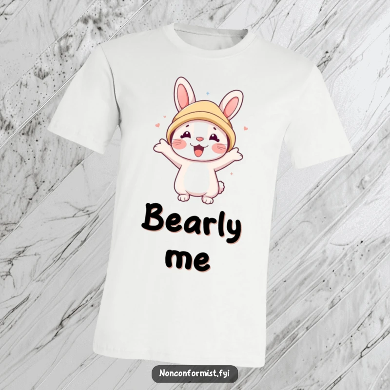 Funny t-shirt featuring a cute rabbit character hilariously wearing a large bear hat, looking utterly delighted.