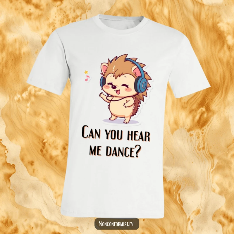 Funny Hedgehog T-Shirt: A playful hedgehog wearing headphones, dancing energetically to music, expressing pure joy and fun.