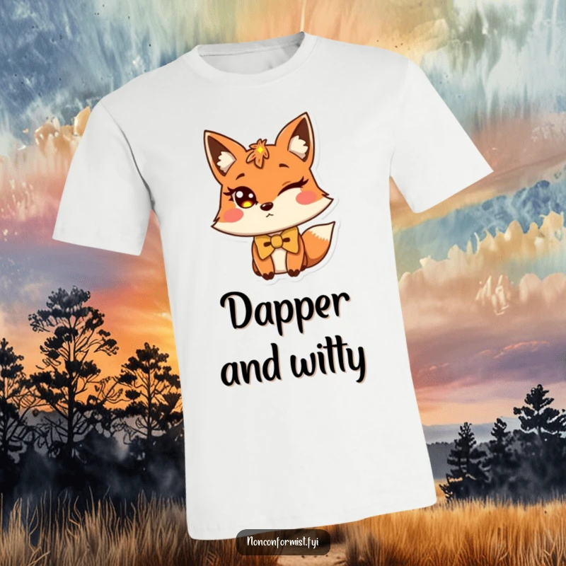 Funny fox t-shirt depicting a winking fox sporting a slightly crooked bow tie, stylish and cool.