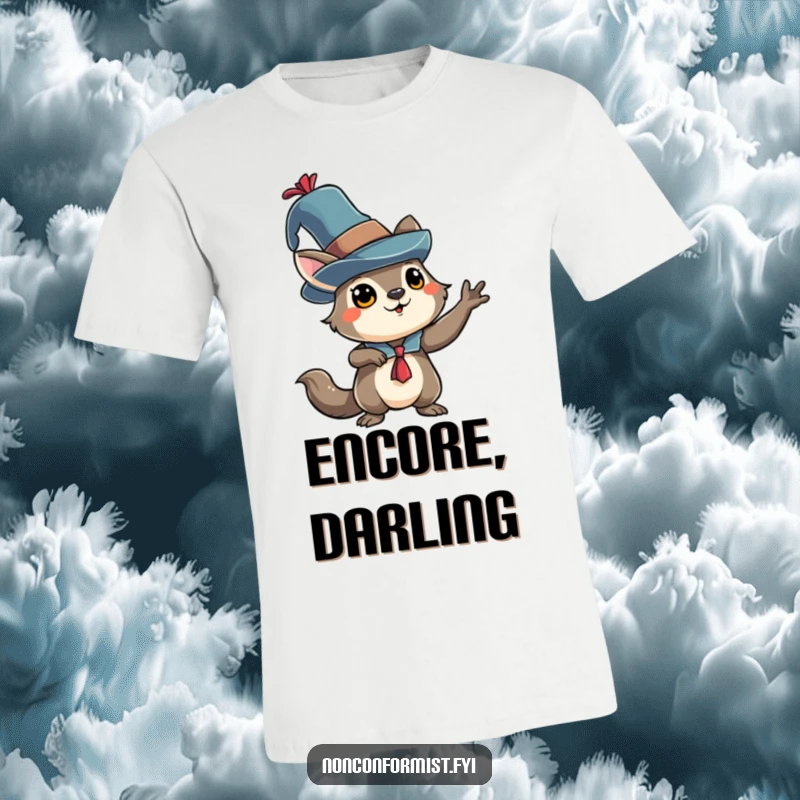 Funny animal character in an eccentric hat, striking a dramatic pose on a stylish and humorous t-shirt.