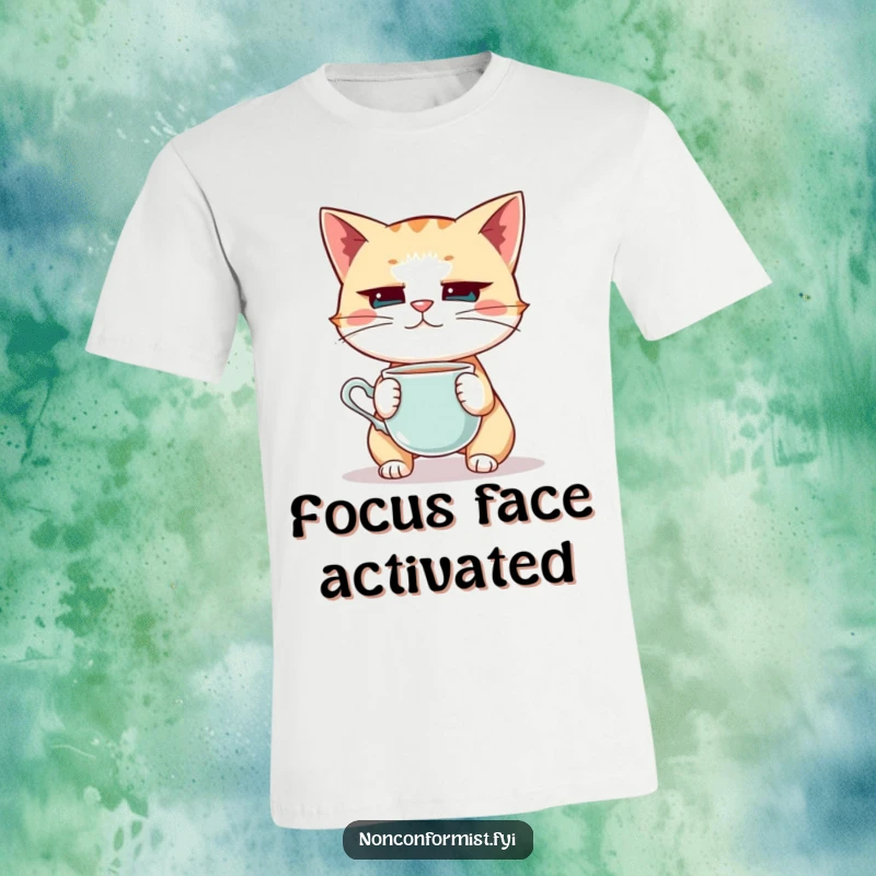 Funny Cat T-Shirt: A quirky cat intensely balancing a teacup on its nose, showcasing humorous focus and determination.