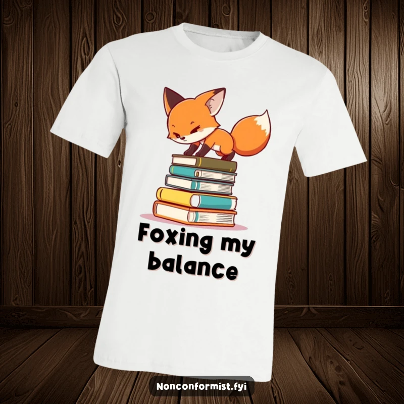 Funny T-shirt with a determined fox character struggling to balance on an unstable stack of many books.