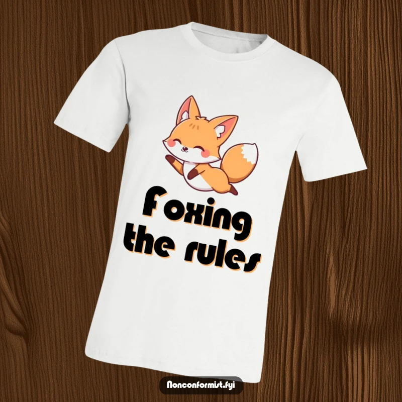 Funny fox leaping joyfully over a straight, rigid line on a t-shirt, representing freedom and playful defiance.