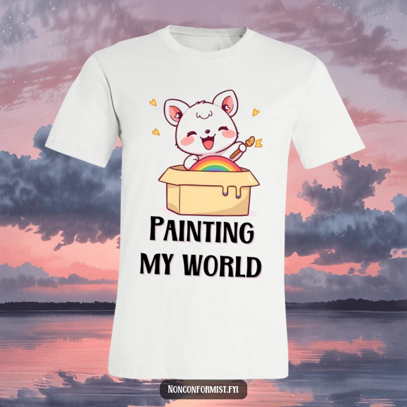 Funny t-shirt with a small animal happily painting a rainbow within a box, representing creative expression and joy.