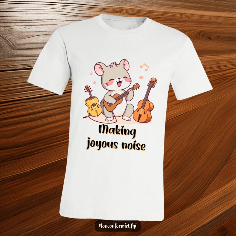 Funny t-shirt with a tiny animal character joyfully playing various musical instruments, from large to small, with energetic flair.