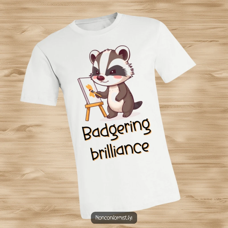 Funny badger with a determined expression on a t-shirt, diligently painting a crooked canvas, showcasing artistic passion.