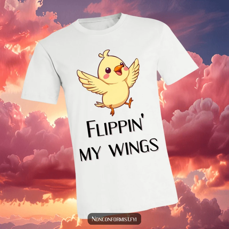 Funny t-shirt with a spirited bird character joyfully chirping and performing an aerial flip, showcasing energetic freedom.