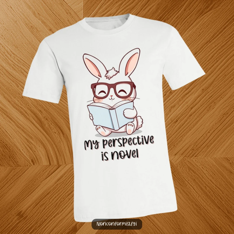 Funny bunny t-shirt featuring a curious rabbit wearing glasses, reading a sideways book, perfect for bookish humor.