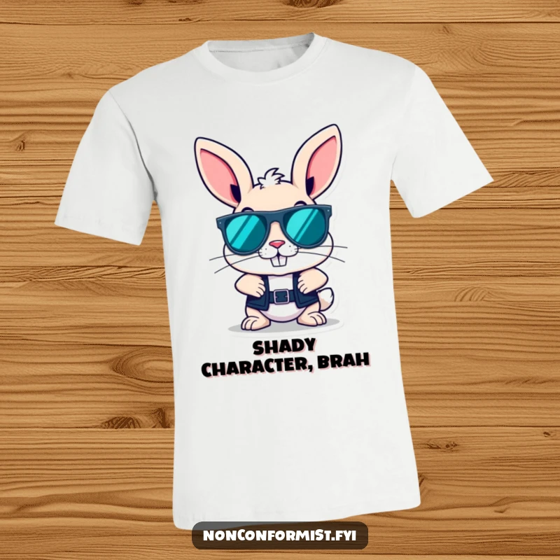 Funny rebellious bunny character with a cool grin and oversized sunglasses on a comfortable, humorous t-shirt.