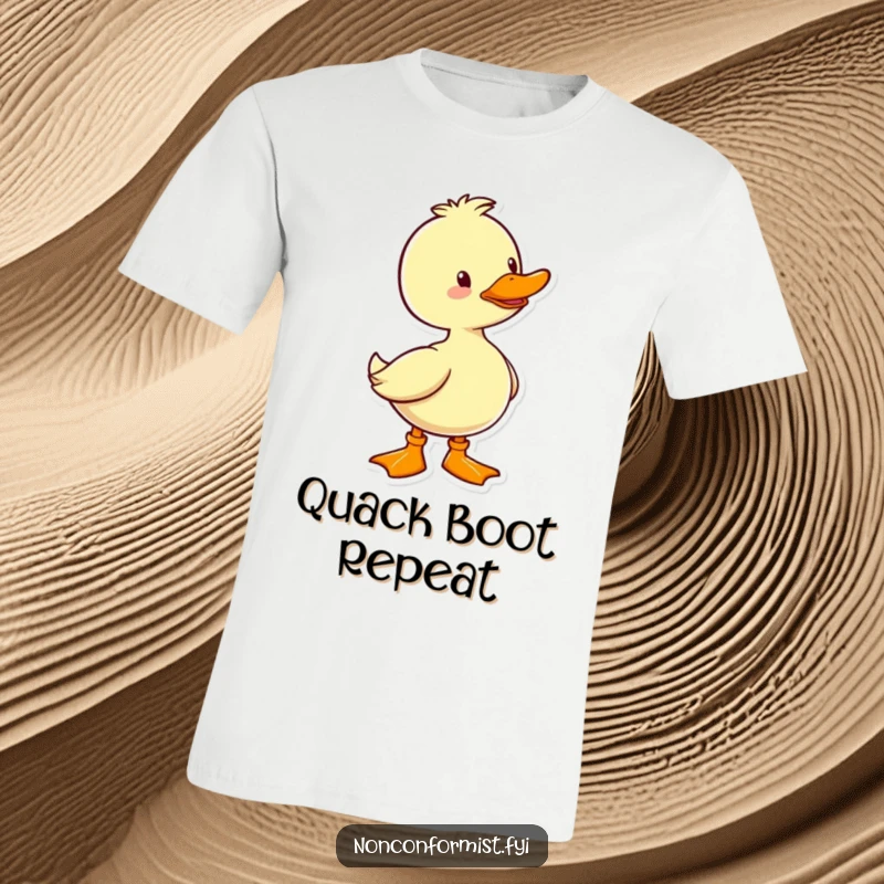 Funny Duck T-Shirt: A cheerful duck character sporting a single, brightly colored boot, showcasing whimsical fashion sense.