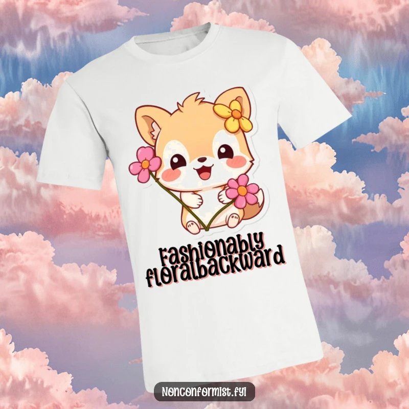 Funny T-Shirt: A small, adorable animal character looking confused while wearing a bright flower on the wrong end, like its ear.