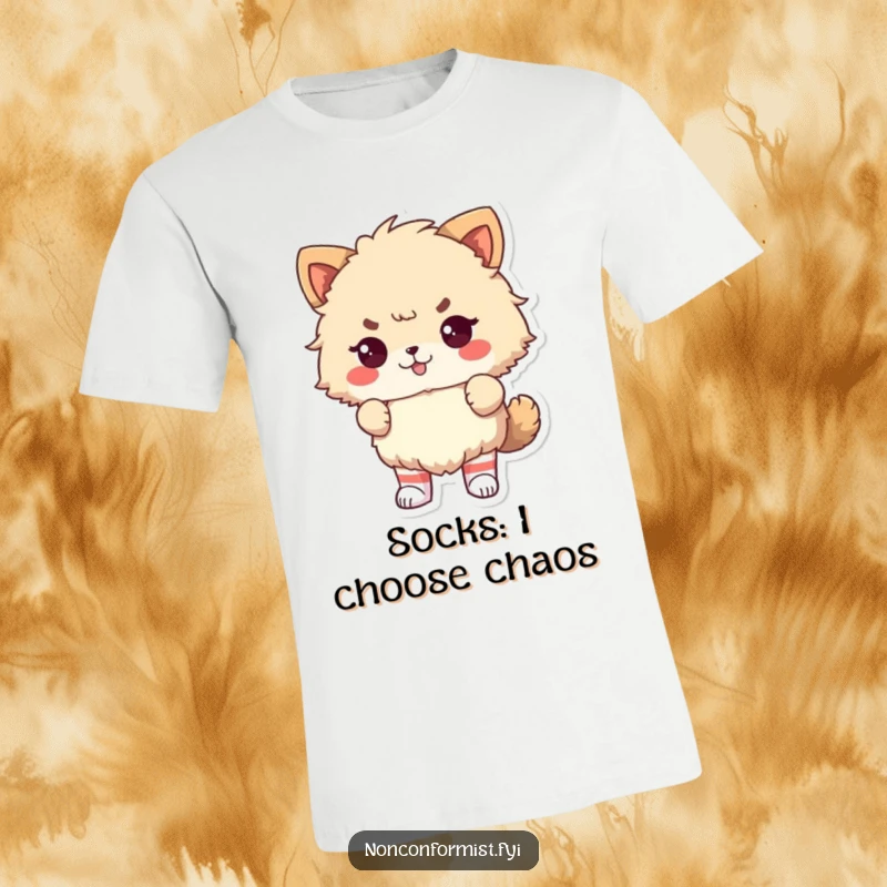 Funny T-Shirt: Fluffy animal defiantly sporting odd socks, expressing humorous pride and individuality.