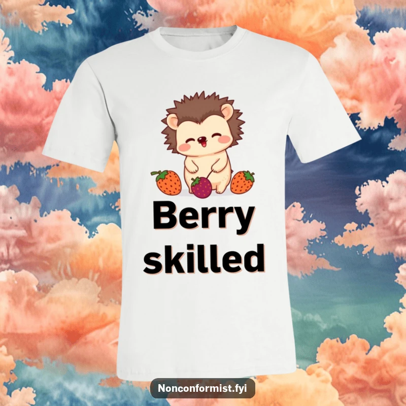 Funny t-shirt with an unconventional hedgehog character wiggling playfully while juggling three mismatched berries, a charming and humorous design.