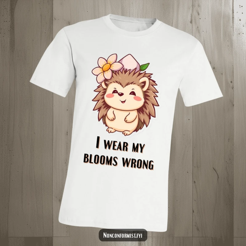 Funny hedgehog t-shirt showing a happy creature with an upside-down flower hat, perfect for a quirky and humorous look.