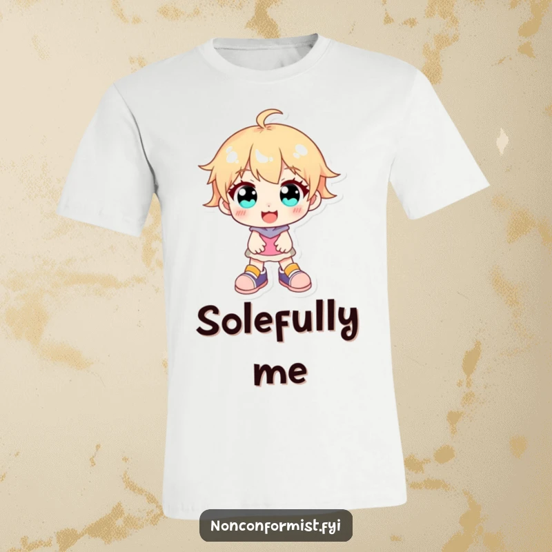 Funny character with sparkling eyes, donned in brightly mismatched shoes, beaming with a cheerful smile on this playful t-shirt.