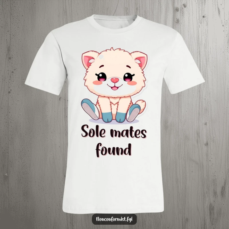 Funny t-shirt depicting a cute, fluffy animal character with a proud grin, sporting a pair of brightly colored, mismatched socks.