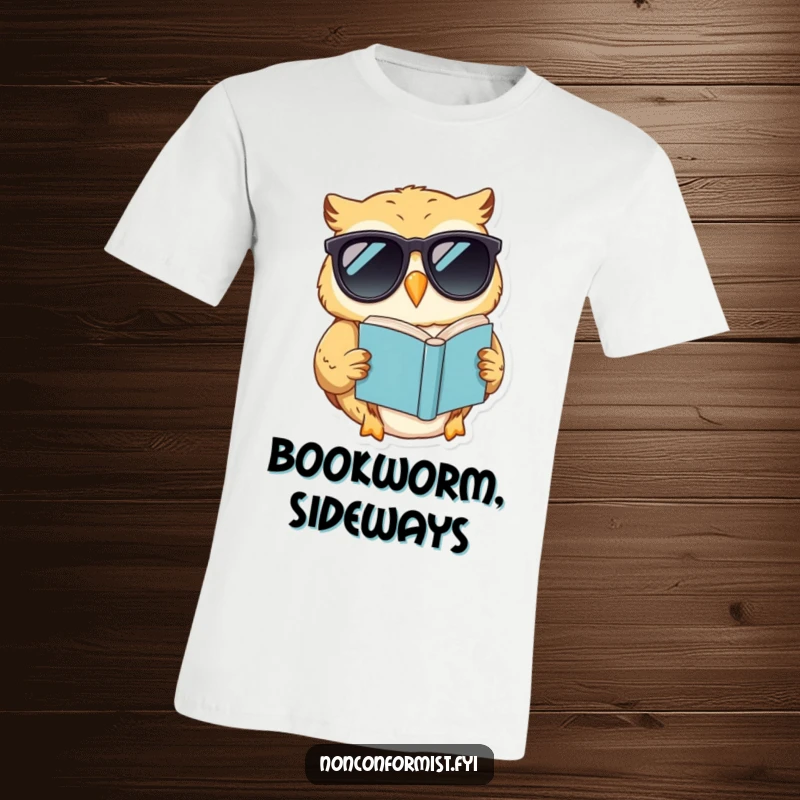 Funny t-shirt featuring a smiling owl wearing sunglasses and reading a book upside down, a symbol of cool intellect.