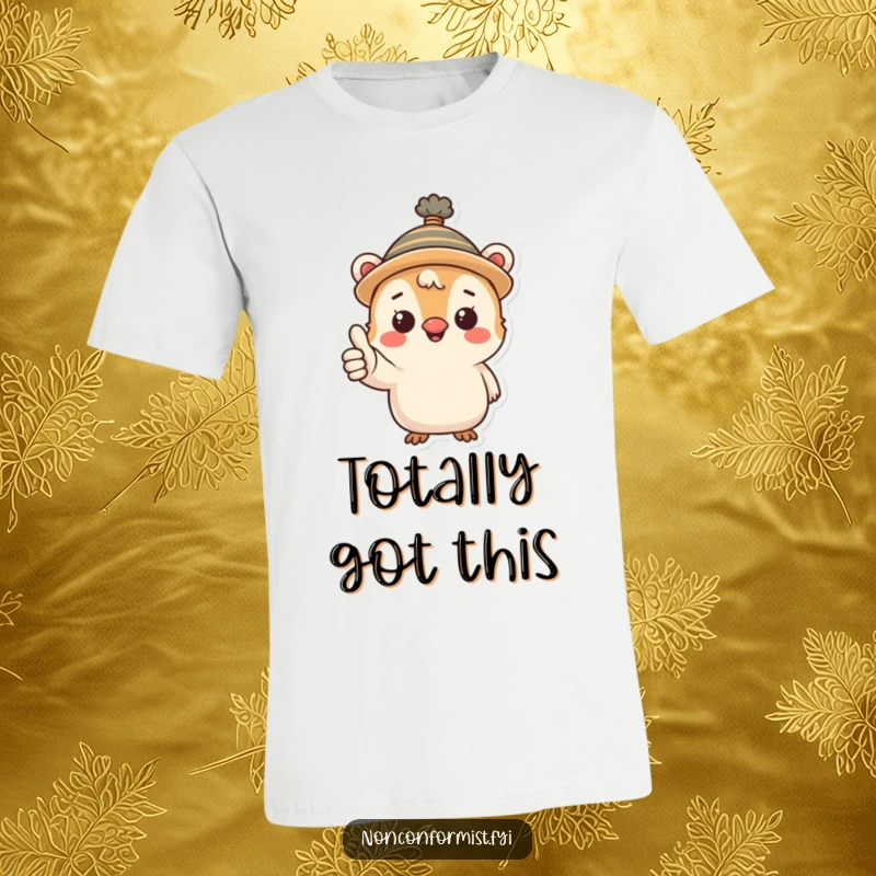 Funny t-shirt with a little creature in a whimsical hat, making a friendly gesture with a prominent thumbs up sign.