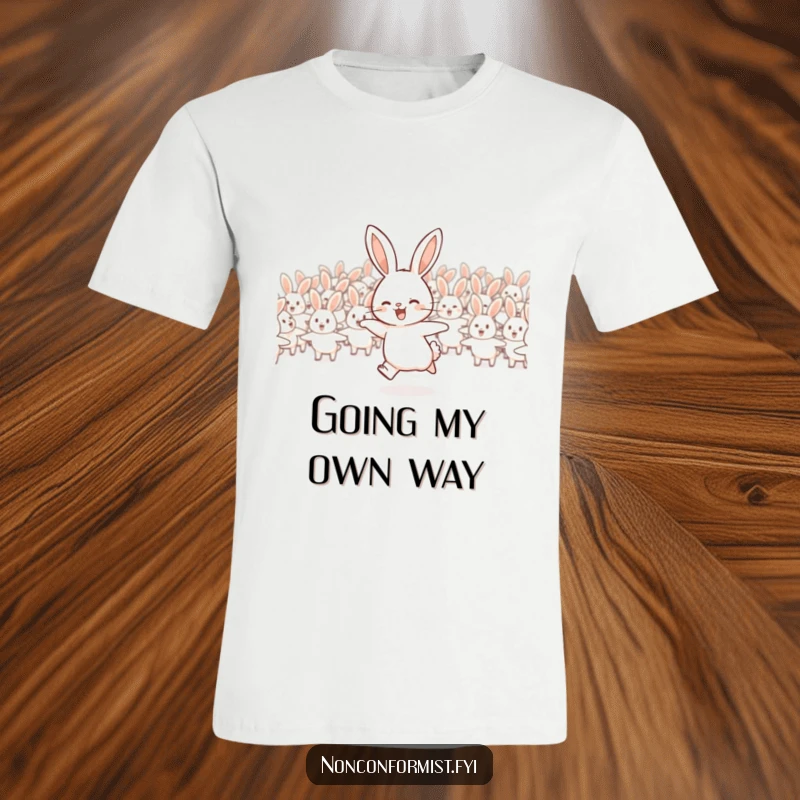 Funny rabbit t-shirt depicting a joyful rabbit hopping away from a group in the opposite direction.