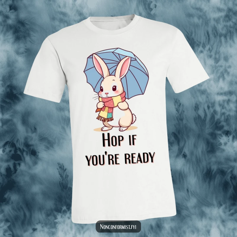 Funny Rabbit T-Shirt: A cute rabbit with a patchwork scarf and umbrella, ready for a stroll, a humorous and stylish top.