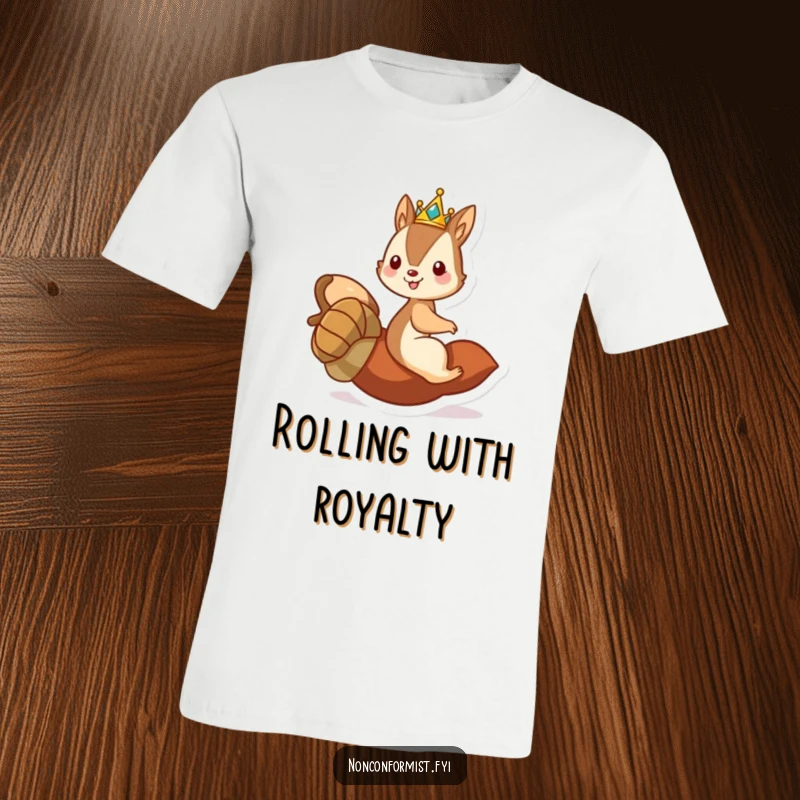 Funny T-shirt with a mischievous squirrel king on a rolling acorn, wearing a crown, exuding royal silliness.