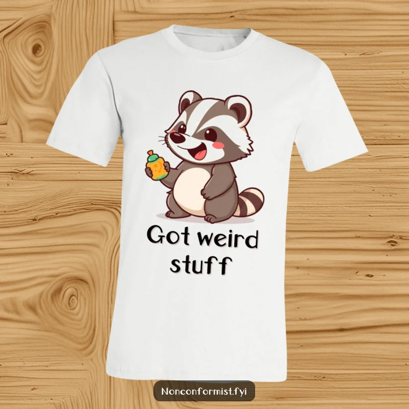A funny, unique badger character bounces with excitement while holding a brightly colored, unusual object on this graphic t-shirt.