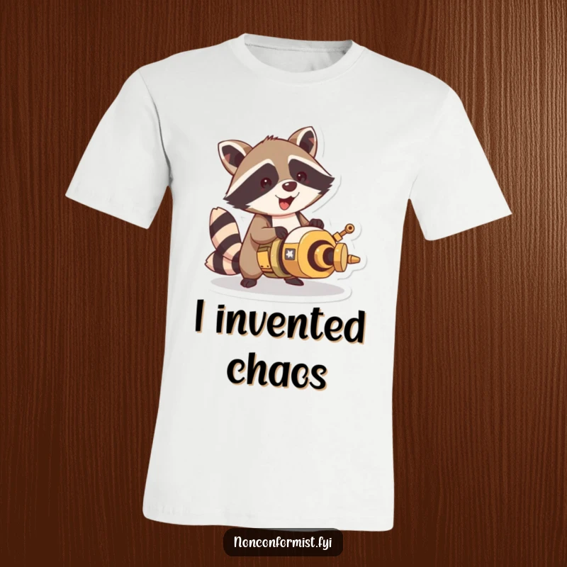 Funny raccoon character on a t-shirt, enthusiastically assembling a strange, unique contraption with a look of pure delight and concentration.