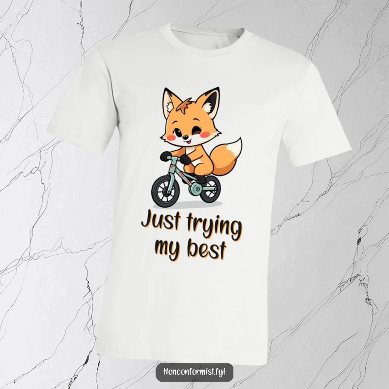 A funny, quirky fox with a playful smirk is riding a tiny, patched-up unicycle on this comfortable graphic t-shirt.