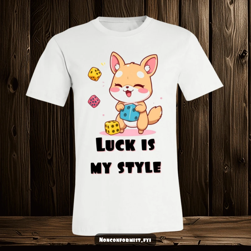 Funny animal character with a playful wink, skillfully juggling colorful dice on a comfy t-shirt.