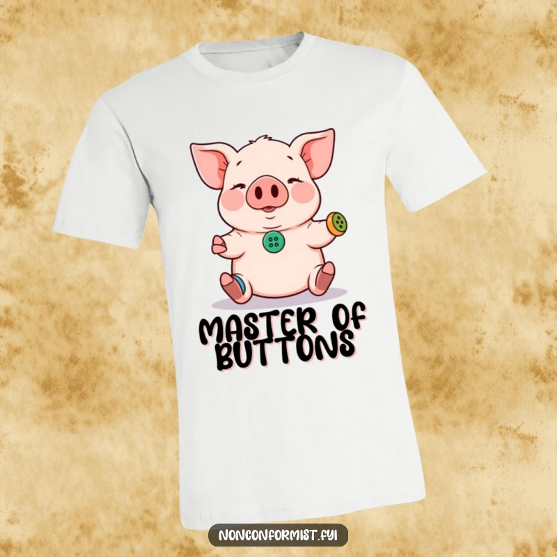 Funny Pig T-Shirt: A pig attempts to juggle three tiny, mismatched buttons, a humorous and relatable funny gift.